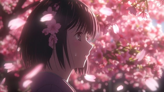 Photo vue rapprochée d'un sakura en pleine floraison dont les délicats pétales roses tombent en cascade sur la tête d'un personnage