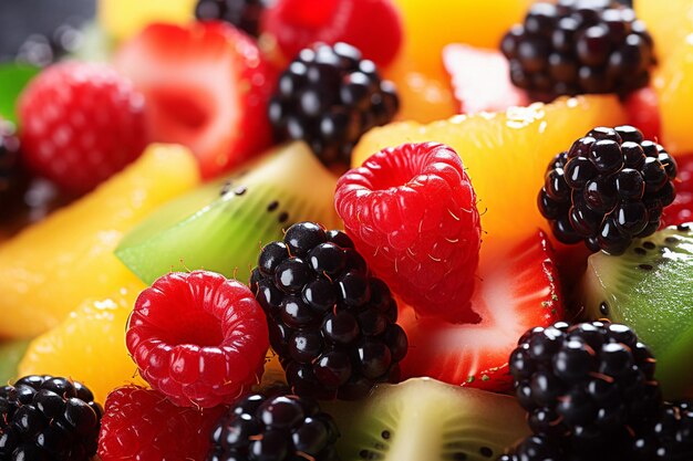 Vue rapprochée d'une salade de fruits avec des baies variées et des boules de melon