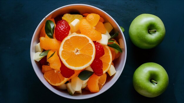 Photo vue rapprochée de la salade de fruits bénéfiques avec des oranges fraîches et une pomme verte sur une table sombre