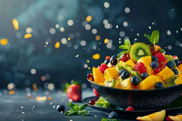 Photo vue rapprochée d'une salade de fruits dans un bol sur table faite avec des ingrédients naturels