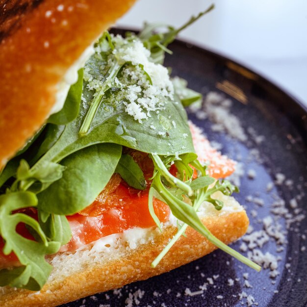 Photo vue rapprochée d'un sandwich frais avec des légumes verts et du saumon sur assiette