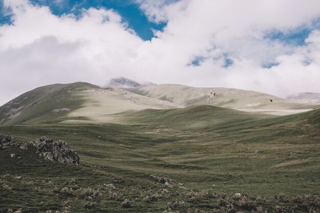 Vue rapprochée des scènes de montagnes dans le parc national Dombai, Caucase, Russie, Europe. Paysage d'été, temps ensoleillé, ciel bleu dramatique et journée ensoleillée