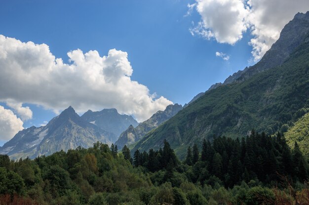 Vue rapprochée des scènes de montagnes dans le parc national Dombai, Caucase, Russie, Europe. Paysage d'été, temps ensoleillé, ciel bleu dramatique et journée ensoleillée