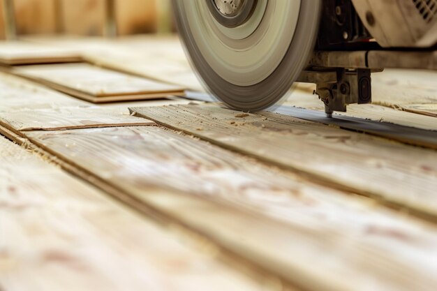 Photo vue rapprochée d'une scie circulaire utilisée pour créer des planches de plancher en bois