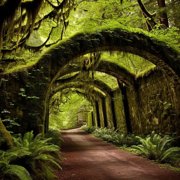 une vue rapprochée d'un sentier avec des arbres et des plantes des deux côtés