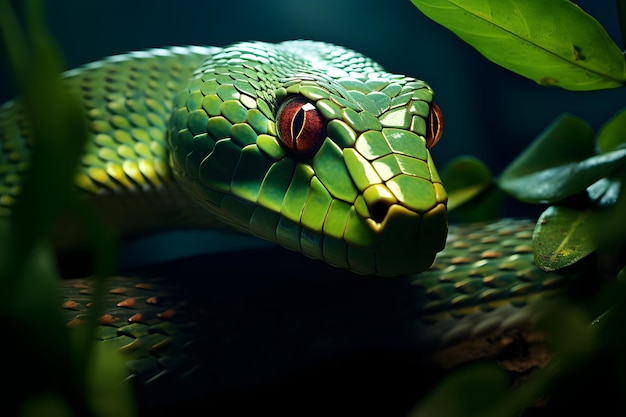 Vue rapprochée d'un serpent venimeux vert