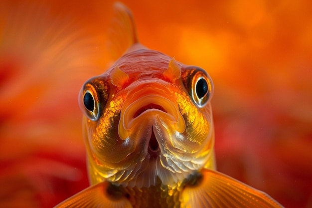 Vue rapprochée d'un seul poisson rouge qui regarde la caméra avec curiosité.