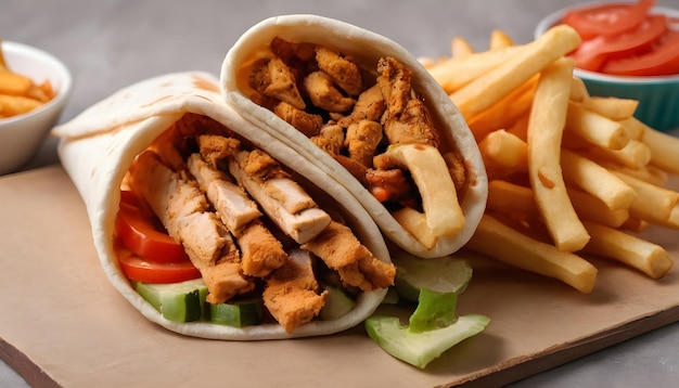 Vue rapprochée d'un shawarma avec des frites de poulet et des légumes sur un fond bronzé