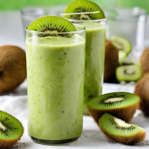 Photo vue rapprochée d'un smoothie de kiwi et d'une tranche de kiwi sur la table