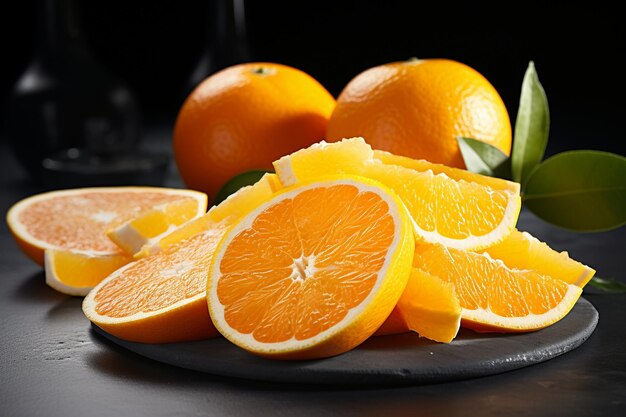 Vue rapprochée de la source de vitamines coupée coupée et des oranges fraîches entières sur un fond gris