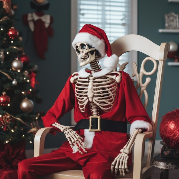 Vue rapprochée d'un squelette en costume de Père Noël assis sur une chaise dans une pièce vide