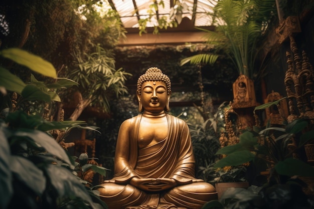 Vue rapprochée de la statue de Bouddha et des plantes dans un temple traditionnel créé à l'aide de la technologie de l'IA générative