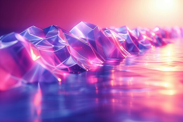 Vue rapprochée des structures d'origami transparentes sous l'éclairage rose et violet