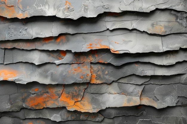 Vue rapprochée d'une surface rocheuse d'ardoise accidentée avec des marques naturelles orange
