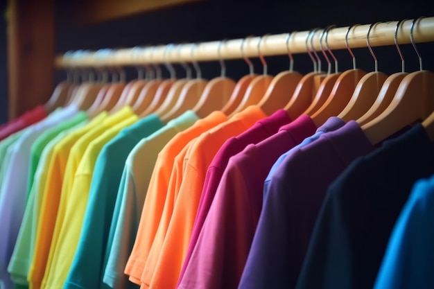 Vue rapprochée des t-shirts colorés sur les couvertures de vêtements à l'arrière-plan variété de couleurs de T-shirts pour hommes