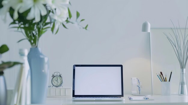 Vue rapprochée d'une table blanche avec des fournitures, un cadre d'affiche de fleurs, un ordinateur portable, un écran vide et une IA générative