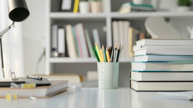 Vue rapprochée de la table d'étude avec une pile de livres fournitures de caméra décorations et flic IA générative