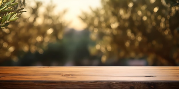 Photo vue rapprochée sur une table vide en bois au petit matin avec un fond flou léger