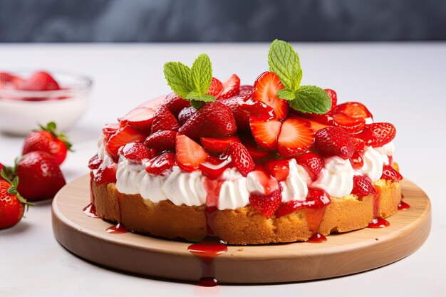 Photo vue rapprochée d'une tarte aux fraises faite maison sur fond blanc