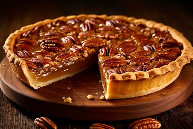 Vue rapprochée d'une tarte aux noix de pécan servie sur une planche de bois