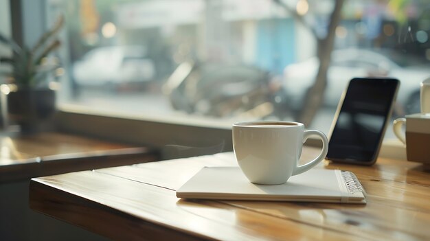 Vue rapprochée d'une tasse de café blanche sur un comptoir en bois et d'un carnet de notes de téléphone intelligent mis sur une pelle IA générative