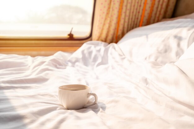 Vue rapprochée de la tasse de café sur le lit