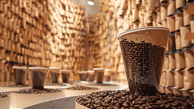 Vue rapprochée d'une tasse en plastique transparente remplie de grains de café dans un café. L'arrière-plan est une image floue de graines de café dans des sacs en drap.