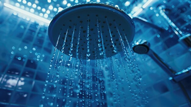 Photo une vue rapprochée d'une tête de douche avec de l'eau qui en sort parfait pour les concepts de salle de bain ou d'hygiène