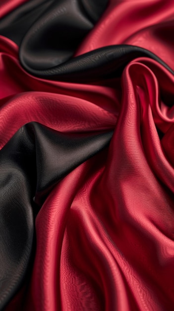 Vue rapprochée de la texture du tissu de satin rouge et noir