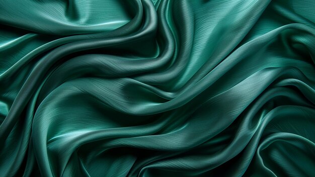 Vue rapprochée de la texture de fond du tissu de satin vert ondulé