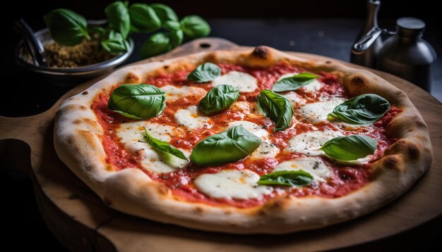 Vue rapprochée de la texture de la pizza à la mozzarella margherita et des feuilles de basilic frais