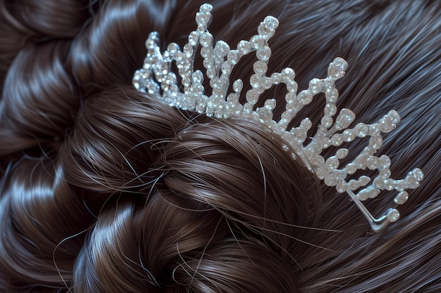 Vue rapprochée de la tiare de bal ornée de bijoux sur les cheveux coiffés