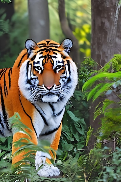 Une vue rapprochée d'un tigre royal du Bengol dans son habitat naturel entouré d'une forêt luxuriante