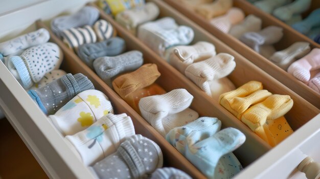 Photo vue rapprochée d'un tiroir rempli de chaussettes de bébé