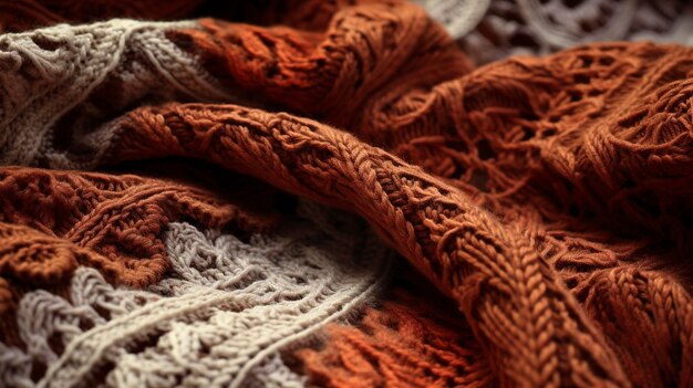 Photo vue rapprochée d'un tissu tricoté rouge avec des motifs complexes et un accent floral décoratif