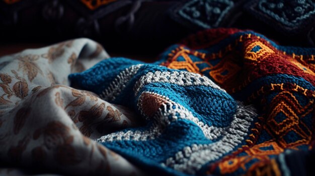 Vue rapprochée d'un tissu tricoté rouge avec des motifs complexes et un accent floral décoratif