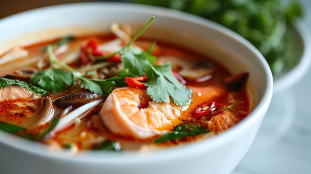 Photo vue rapprochée d'un tom yum avec du saumon sur une surface blanche propre