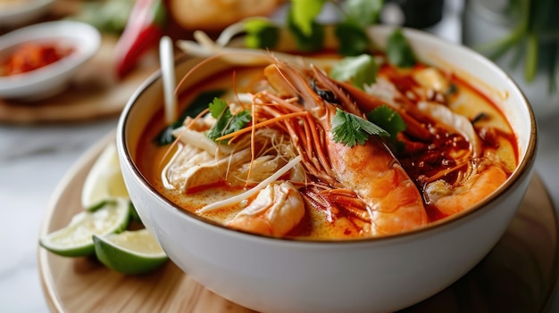 Vue rapprochée de Tom Yum Seafood Hot Pot sur une table blanche