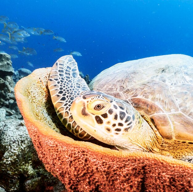 Photo vue rapprochée d'une tortue nageant en mer