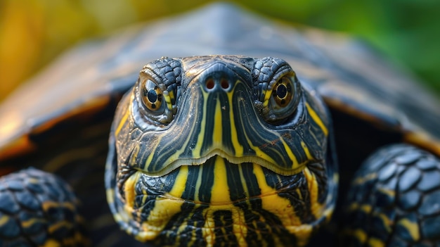 Vue rapprochée d'une tortue à rayures jaunes dans son habitat naturel