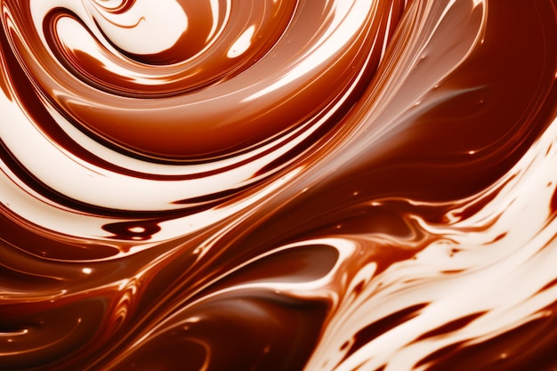 Vue rapprochée des tourbillons de chocolat sur fond blanc et marron Generative AI