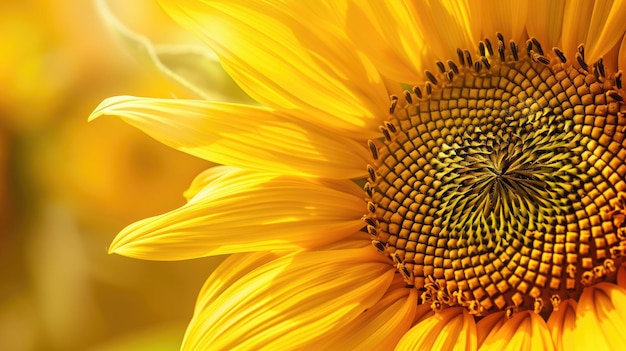 Vue rapprochée d'un tournesol vibrant avec des détails complexes sur son motif de graines en spirale et ses pétales jaunes