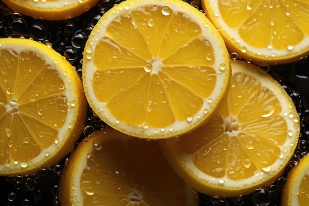 Vue rapprochée de tranches de citron juteuses avec des gouttes d'eau sur un fond sombre mettant en évidence la fraîcheur et l'assaisonnement