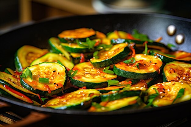 Photo vue rapprochée des tranches de courgettes cuites dans une frite