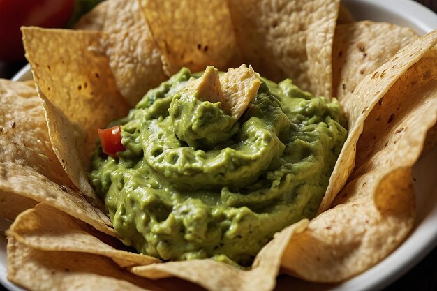 Vue rapprochée de la trempette de guacamole sur les chips de tortilla