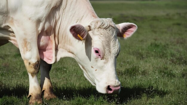 Vue rapprochée d'une vache blanche qui paît dans un pâturage