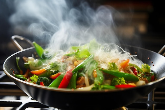 Vue rapprochée de la vapeur s'élevant d'un wok rempli de frites.