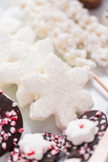 Vue rapprochée. Variété de garnitures de guimauve à la menthe poivrée et au chocolat pour chocolat chaud et boissons cacaotées.