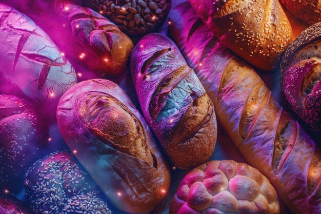 Photo vue rapprochée d'une variété de pains fraîchement cuits parfaits pour les publicités de boulangerie