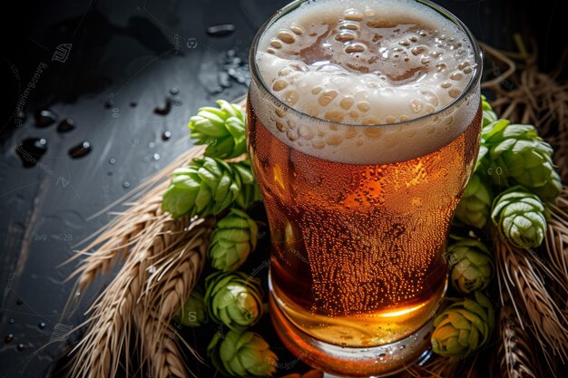 Vue rapprochée d'un verre de bière avec du houblon et de l'orge